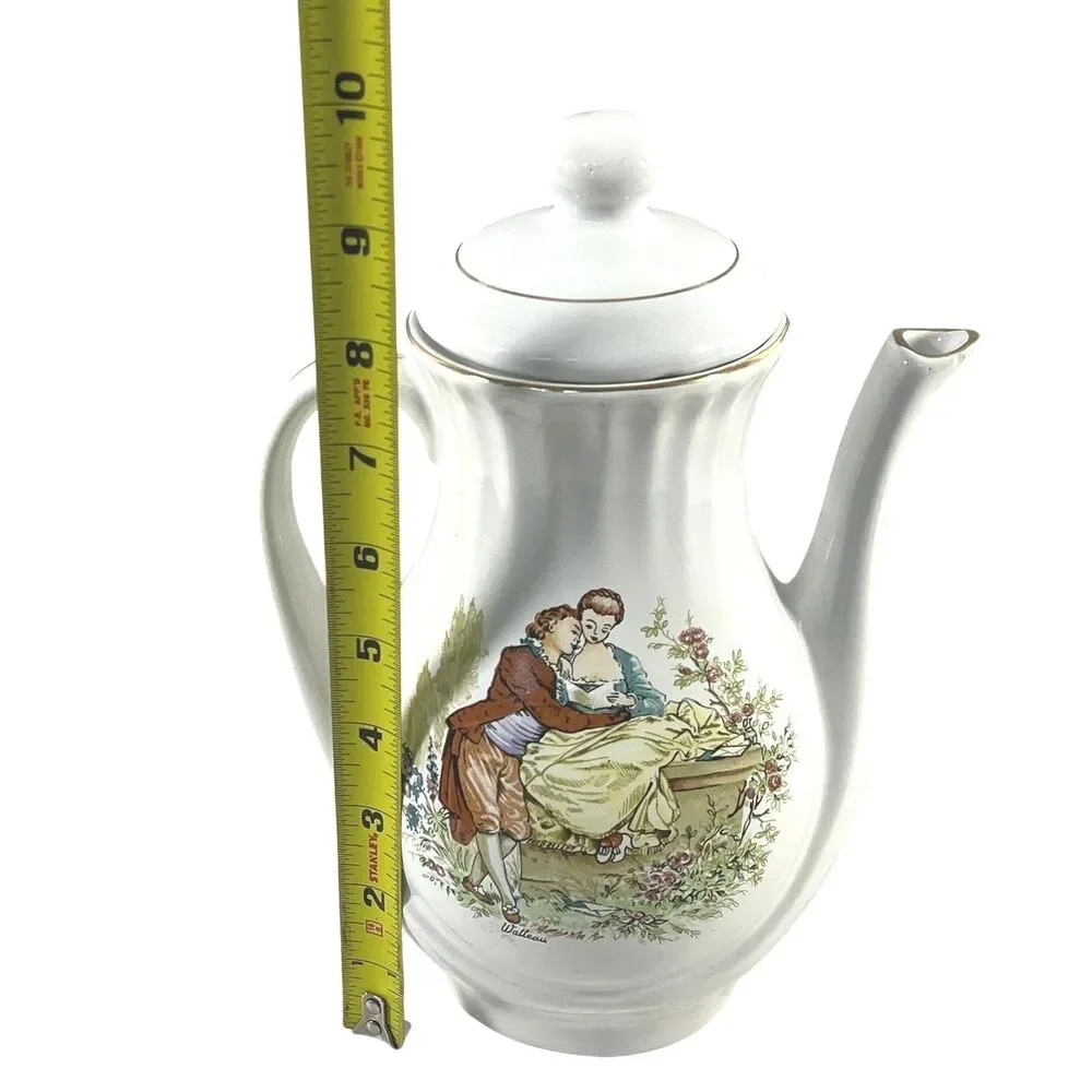 Vintage FP Zajecar Coffee Tea Pot Watteau Courting Couple Yugoslavia Gold Gild